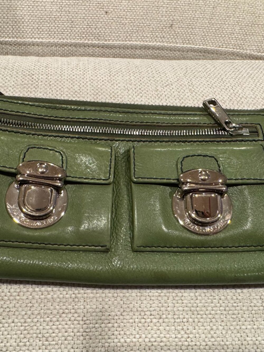 Marc Jacobs Vintage Green Leather Push Lock Double Pocket Zip Wallet or Clutch